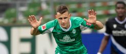 Fabian Klos mit vollem Einsatz bei Bielefeld gegen Bremen und Eggestein