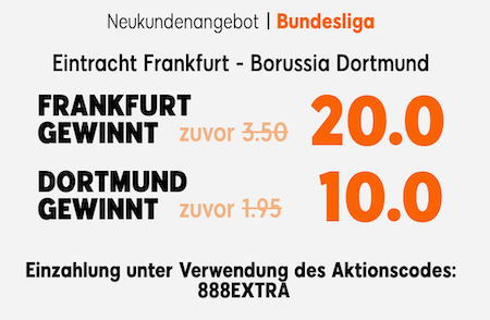 Frankfurt gegen Dortmund mit verbesserten Quoten bei 888sport