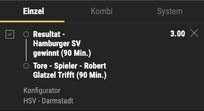 Bei Bwin könnt ihr einen Sieg des HSV mit einr Torwette auf Robert Glatzel kombinieren
