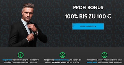 100% bis 100€ Profi Bonus von NEO.bet